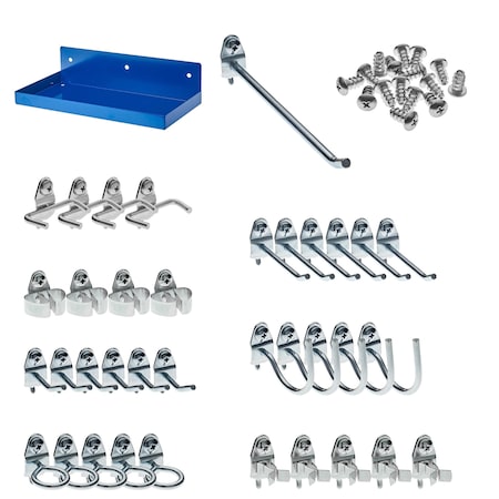 12 In. W x 6 In. D Blue Epoxy Coated Steel Pegboard Shelf 36 pc. DuraHook Pegboard Hook Assortment
