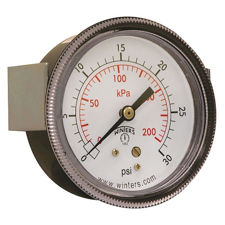 Panel-Mount Pressure Gauge, 0 to 30 psi, 2 1/2 in Dial, 1/4 in NPT, Center Back Location