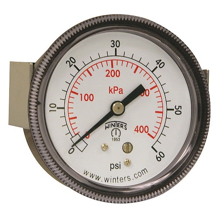 Panel-Mount Pressure Gauge, 0 to 60 psi, 2 1/2 in Dial, 1/4 in NPT, Center Back Location