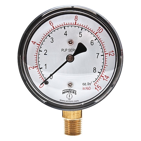 Low Pressure Gauge, 0 to 15 psi, 2 1/2 in Dial, 1/4 in NPT, Bottom Location, Steel Case Material