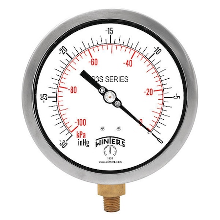 Industrial Vacuum Gauge, 30 to 0 psi, 4 1/2 in Dial, 1/4 in NPT, Bottom Location