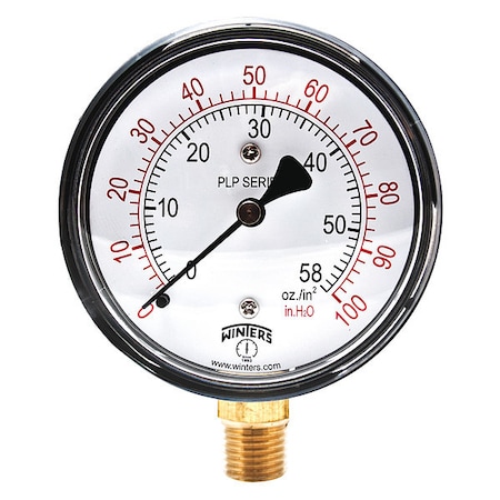Low Pressure Gauge, 0 to 100 psi, 2 1/2 in Dial, 1/4 in NPT, Bottom Location, Steel Case Material