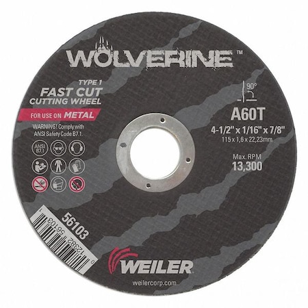 Abrasive Cut-Off Wheel, Type 1, 5 in Dia, 0.0625 in Thick, 7/8 in Arbor Hole Size, Aluminum Oxide