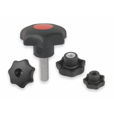 Star Grip, DIN 6336 Similar, D=M10X40, D1= 63, External Thread, Steel, Black Plastic, Cap: Black