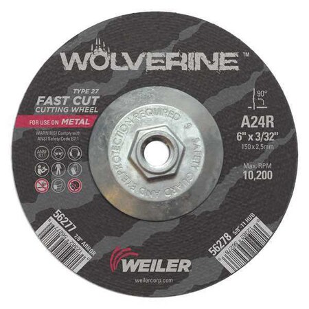 Cutting Wheel, Type 27, 6 in Dia, 0.0938 in Thick, 5/8 in-11 UNC Nut Arbor Hole Size