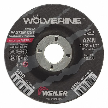 Grinding Wheel, Type 27, 4 1/2 in Dia, 1/4 in Thick, 7/8 in Arbor Hole Size, Aluminum Oxide