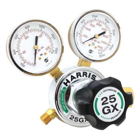 Gas Regulator, Oxygen, Single Stage, 0.825"-14 Inlet, 9/16"-18 Outlet, 0 to 100 psi