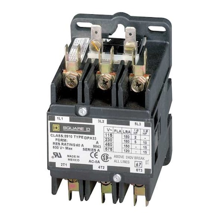 Definite Purpose Magnetic Contactor, 277V AC, 3 P, Non-Reversing, 3 Phase, Quick Connect