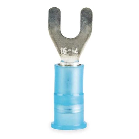 Fork Terminal, #8 Stud Size, 14 AWG, 600 V, Nylon Insulated, Blue, Crimp Termination Only, 100 PK