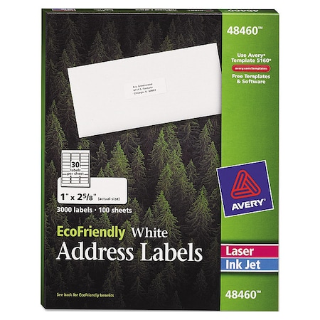 Laser/Inkjet Label, 2 5/8 in Label W, 1 in Label H, 30 Labels per Sheet White