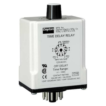 Single Function Time Delay Relay, Octal, Off Delay, 1 Functions 120V AC/DC, DPDT