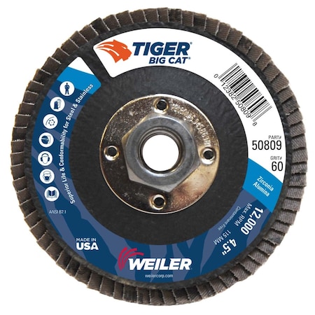 4-1/2" Big Cat Abrasive Flap Disc, Flat (TY27), 60Z, 5/8"-11 UNC