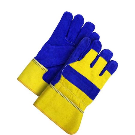 Leather Gloves, Cowhide, Safety Cuff, Wing Thumb, Full Finger, Blue / Yellow, XL, 1 PR