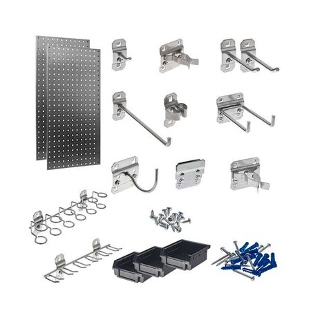 (2) 18 In. W x 36 In. Stainless Steel Square Hole Pegboards 32 pc. Stainless LocHook Assortment 3 Hanging Bins,PR