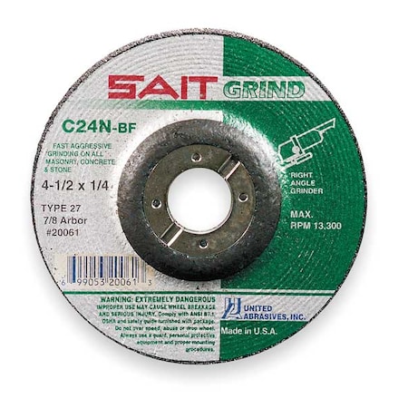 Depressed Center Grinding Wheel, Type 27, 7 in Dia, 0.25 in Thick, 7/8 in Arbor Hole Size, 24 Grit