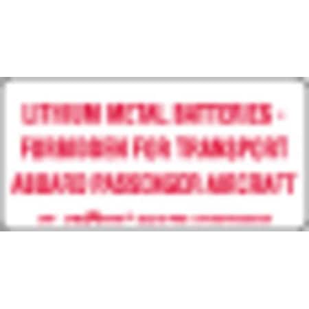 Lithium Metal Battery Label 4"x2", White/Red, Pk500