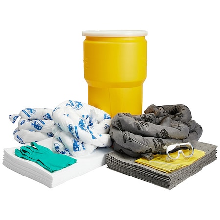 Spill Kit, 13 gal Volume Absorbed per Kit, 14 gal Capacity, Drum, Gray, White