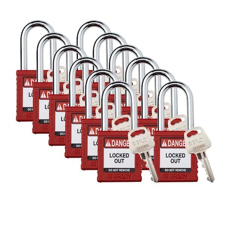 Padlock, Keyed Different, Nylon, Red, 1 1/2 in Shackle Height, 1 1/2 in Body Width, 12 No. of Keys