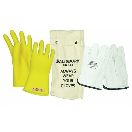 Electrical-Insulating Glove Kit, 1,000V AC, 1,500V DC, Rubber, 11" Length, Yellow, Size 9