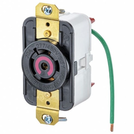 Locking Receptacle, L22-20R, 20 A, 277/480V AC, Three Phase, 4 Pole, Flush Mount, Black