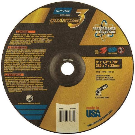 Depressed Center Grinding Wheel, Type 27, 9 in Dia, 0.25 in Thick, 7/8 in Arbor Hole Size, Ceramic
