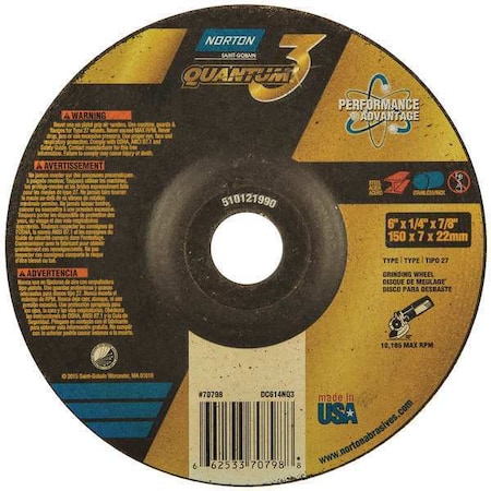Depressed Center Grinding Wheel, Type 27, 6 in Dia, 0.25 in Thick, 7/8 in Arbor Hole Size, Ceramic