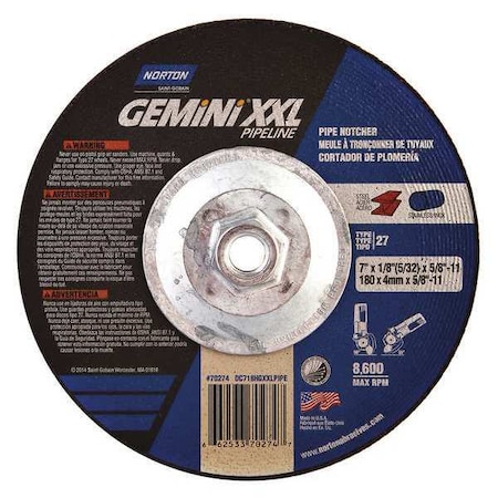 Cut-Off & Grinding Wheel, Type 27, 7 in Dia, 0.125 in Thick, 5/8"-11 Arbor Hole Size, 24 Grit