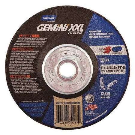 Cut-Off & Grinding Wheel, Type 27, 5 in Dia, 0.125 in Thick, 5/8"-11 Arbor Hole Size, 24 Grit