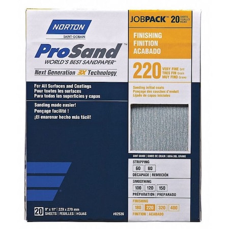 Sandpaper Sheet,Very Fine,220 Grit,PK20
