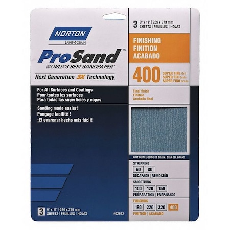 Sandpaper Sheet,Super Fine,400 Grit,PK3