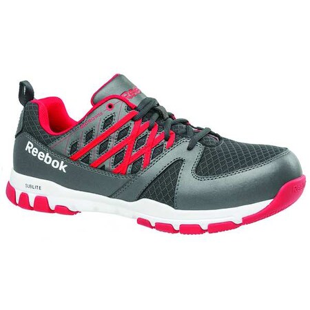 Men's Athletic Shoe, Steel Toe, Leather, Microfiber Upper, Rubber Outsole, Lace Up, Gray/Red, 9 W