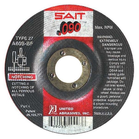 Depressed Center Cut-Off Wheel, Type 27, 4 1/2 in Dia, 0.09 in Thick, 7/8 in Arbor Hole Size