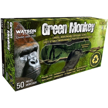 Green Monkey, Disposable Gloves, 8 mil Palm, Nitrile, Powder-Free, S, 50 PK, Black