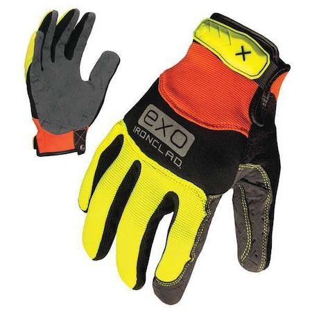 EXO Hi-Vis Mechanics Gloves, Embossed Synthetic Leather Palm, Polyester Back, M, Orange/Yellow