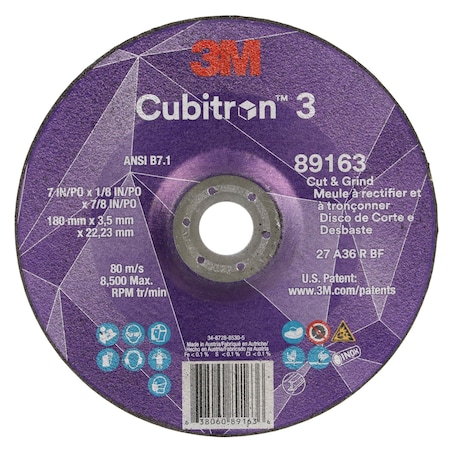 Cut-Off and Grinding Wheel, Type 27, 7 in Dia, 0.125 in Thick, 7/8 in Arbor Hole Size, Ceramic