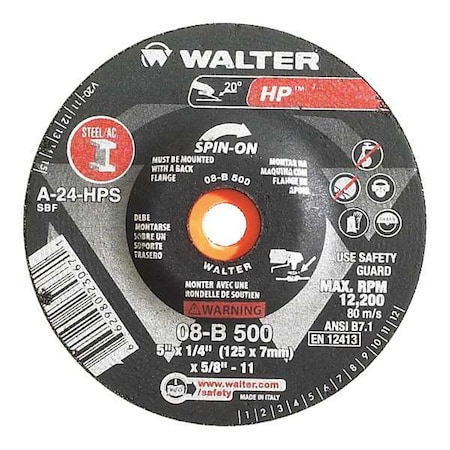 Depressed Center Grinding Wheel, Type 27, 5 in Dia, 0.25 in Thick, 5/8"-11 Arbor Hole Size, 30 Grit