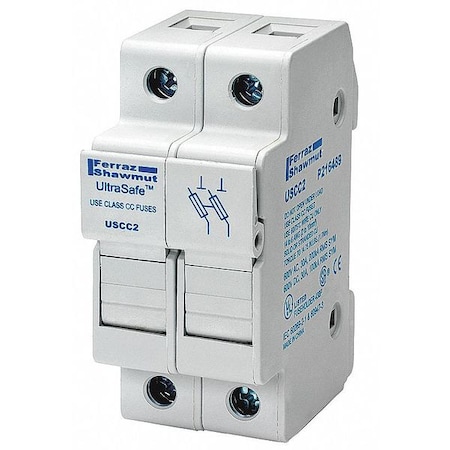 Finger Safe Fuse Block, CC UL Class, 600V AC/DC Volt Rating, 2 Poles, Pressure Plate