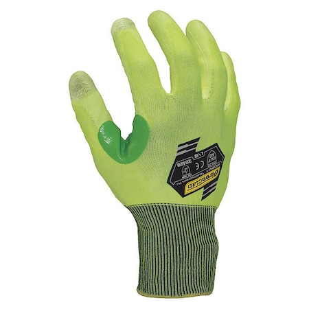 Hi-Vis Cut Resistant Coated Gloves, Cut Level A2 ,Dipped ,Polyurethane ,Smooth ,S 1 PR