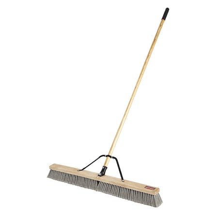 Push Broom, 37 in Sweep Face, Medium, Synthetic, Gray Bristle, Wood