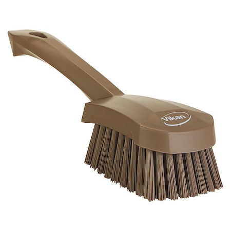 3 in W Scrub Brush, Stiff, 5 57/64 in L Handle, 4 1/2 in L Brush, Brown, Plastic, 10 in L Overall