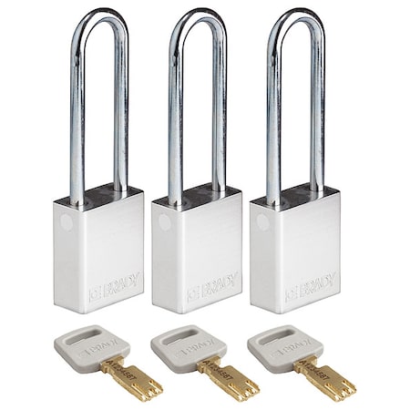 Lockout Padlock, Keyed Alike, Aluminum, Silver, 3 in Shackle Height, 1 1/2 in Body Width, 3 PK
