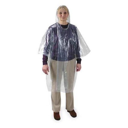 Disposable Rain Poncho, Clear, Polyethylene, Pull-On, 40 in Lg, 0.02 mm Thick, 24 Per Pack