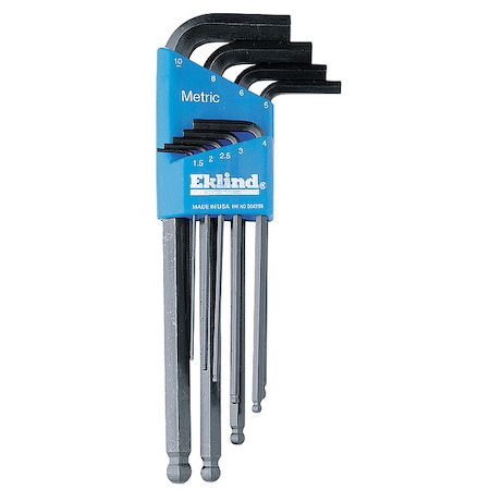 9-Piece Hex Key Set, L, Long, 2 Tips, Metric, Steel, Black Oxide, Plastic Case, 13609