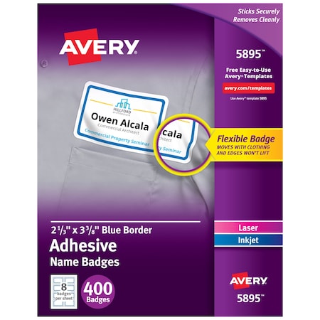 Avery White Adhesive Name Badges with Blue Border 5895, 2-1/3" x 3-3/8", Box of 400,PK50