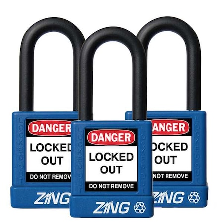 Lockout Padlock, Keyed Alike, Aluminum, Blue, 1 1/2 in Shackle Height, 1 1/2 in Body Width, 3 PK