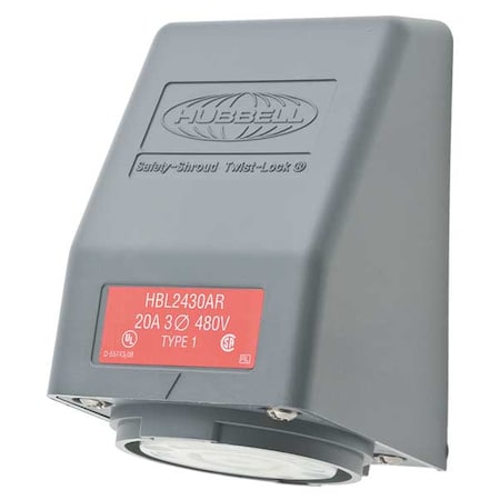 Flanged Locking Receptacle, L16-20R, 20 A, 480V AC, Three Phase, 3 Pole, Flush Mount, Gray