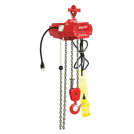 Electric Chain Hoist, 500 lb, 20 ft, Hook Mounted - No Trolley, 115V AC, Red