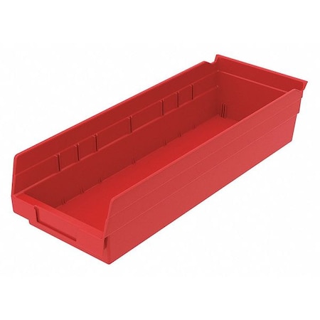 Shelf Storage Bin, 6-5/8 in W x 17-7/8 in L x 4 in H, 20 lb Load Capacity, Red, Plastic