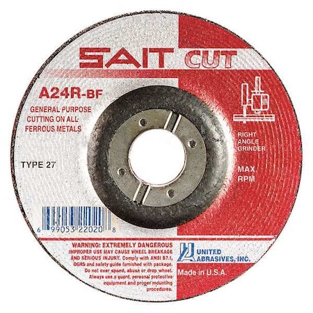 Depressed Center Cut-Off Wheel, Type 27, 4 1/2 in Dia, 0.0938 in Thick, 7/8 in Arbor Hole Size