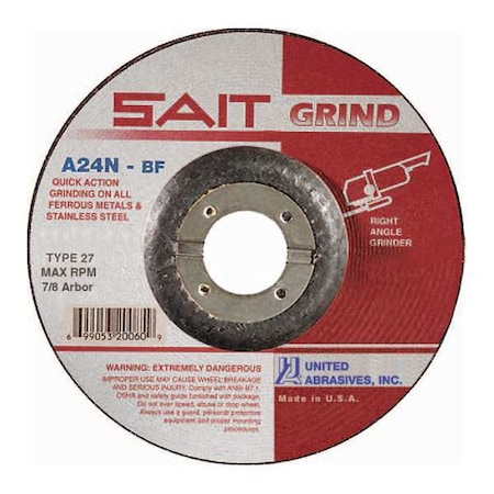 Depressed Center Grinding Wheel, Type 27, 4 in Dia, 0.25 in Thick, 3/8 in Arbor Hole Size, 24 Grit